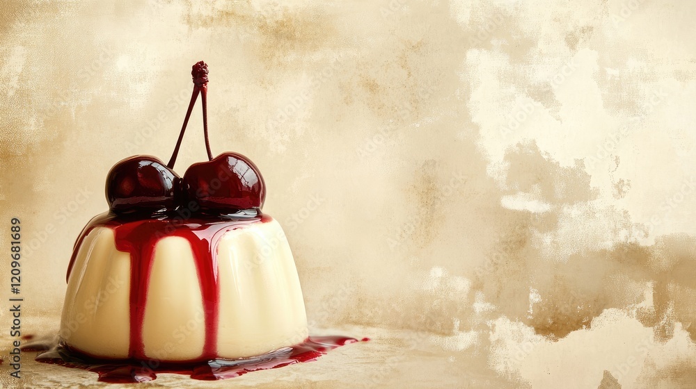 Poster marzipan dessert with cherry topping and vanilla sauce on textured background showcasing luxurious f