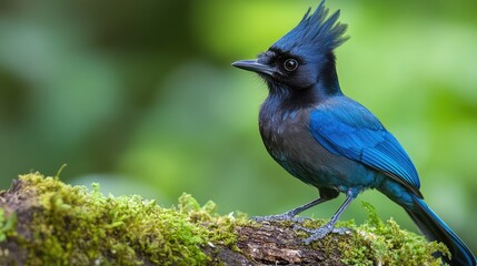 Vibrant Steller's Jay perched on mossy branch in lush green forest background showcasing its striking blue feathers and unique crest