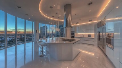 Fototapeta premium Snow-white kitchen in a high-rise apartment with panoramic windows, glossy finishes, and modern decor