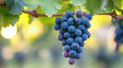 Fresh organic Stella wine grapes hanging on vine with lush green leaves in a sunlit vineyard setting. Perfect for wine-related themes.