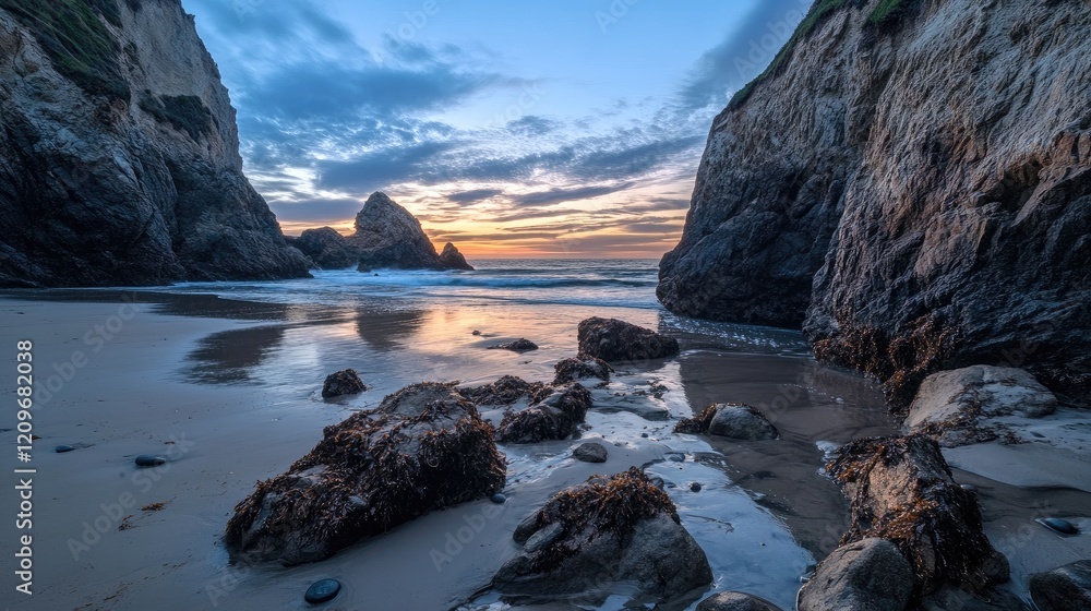 Poster sunset over a rocky beach with steep cliffs reflecting on calm waters creating a serene and pictures
