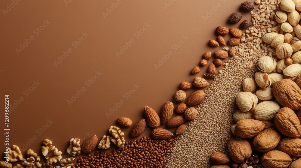 Poster assorted nuts arranged artistically on a brown background showcasing their nutritional diversity and