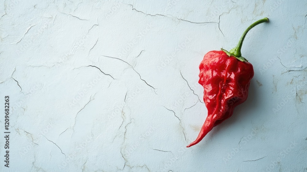 Poster Vibrant red chile pepper isolated on textured white background showcasing its unique shape and color for culinary and food photography.