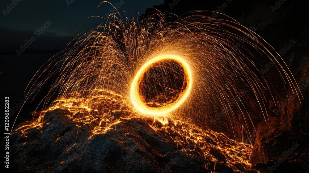 Poster steel wool igniting and creating fiery sparks while spinning on a rock surface against a dark backdr