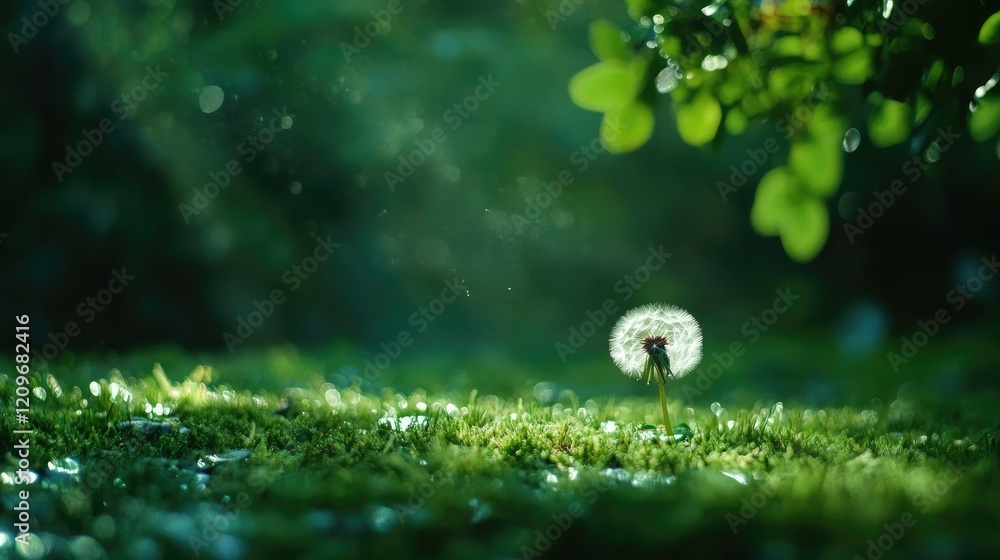 Aufkleber single dandelion tuft standing tall in a lush green grass field illuminated by soft sunlight with a 