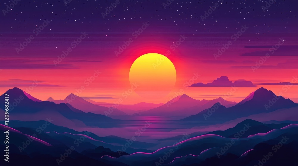Poster vibrant sunset over mountains with a large sun casting warm hues and starry sky in the background id