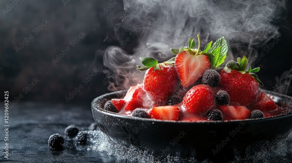 Poster sizzling dry ice chocolate dessert with fresh strawberries and berries creating a dramatic presentat