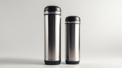 Stainless steel travel thermoses in varying sizes displayed on a neutral background for beverage storage and portability.