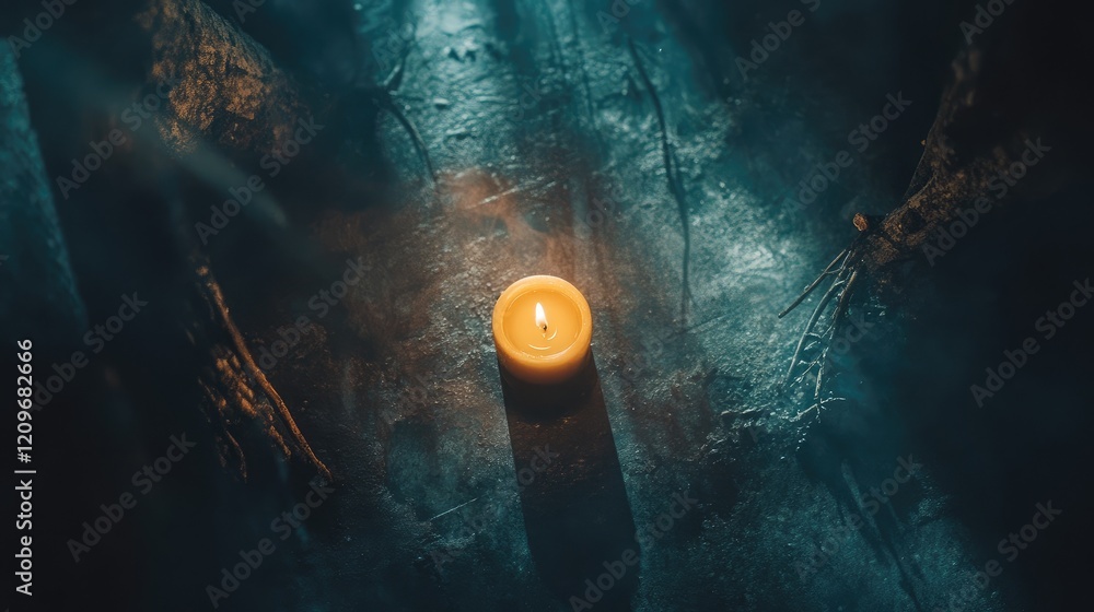 Poster Serene candle casting warm light in a darkened space with dramatic shadows and subtle flames creating a calming atmosphere