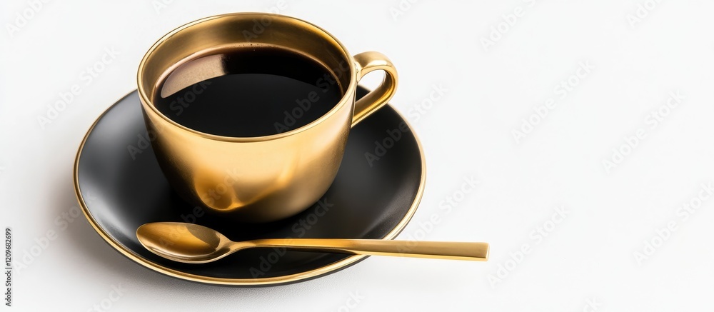 Poster elegant black espresso served in a gold porcelain cup with a matching spoon on a clean white backgro