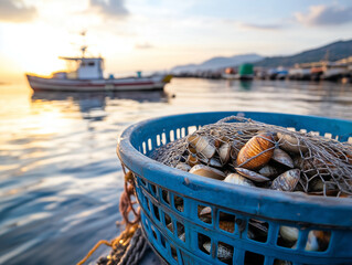 Cesto di cozze al tramonto con barca sullo sfondo.