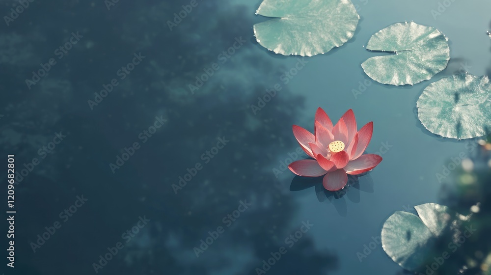Poster serene pink lotus flower floating gracefully on tranquil pond with lush green lily pads and calm wat