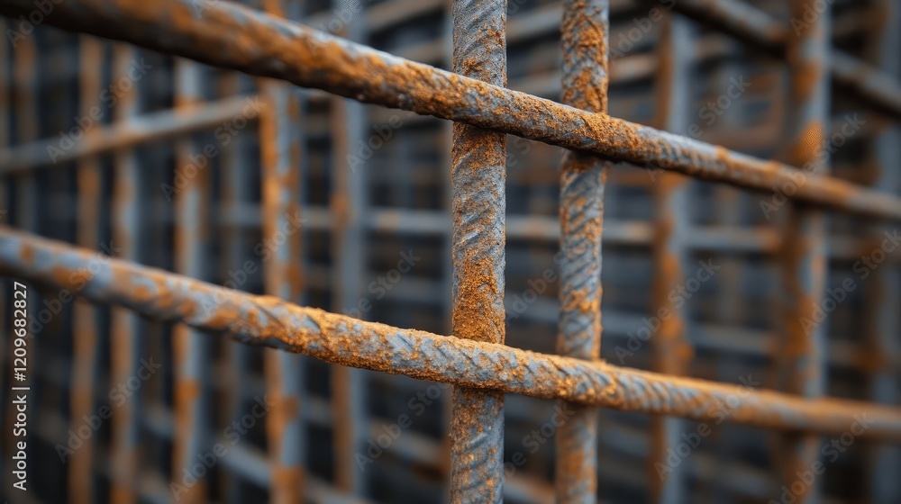Poster rusty steel reinforcement bars arranged in a grid pattern showcasing texture and details of construc