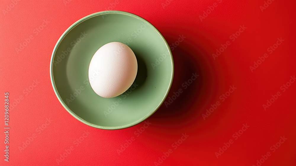 Poster single white egg in green bowl on vibrant red background symbolizing healthy eating and nutrition ch