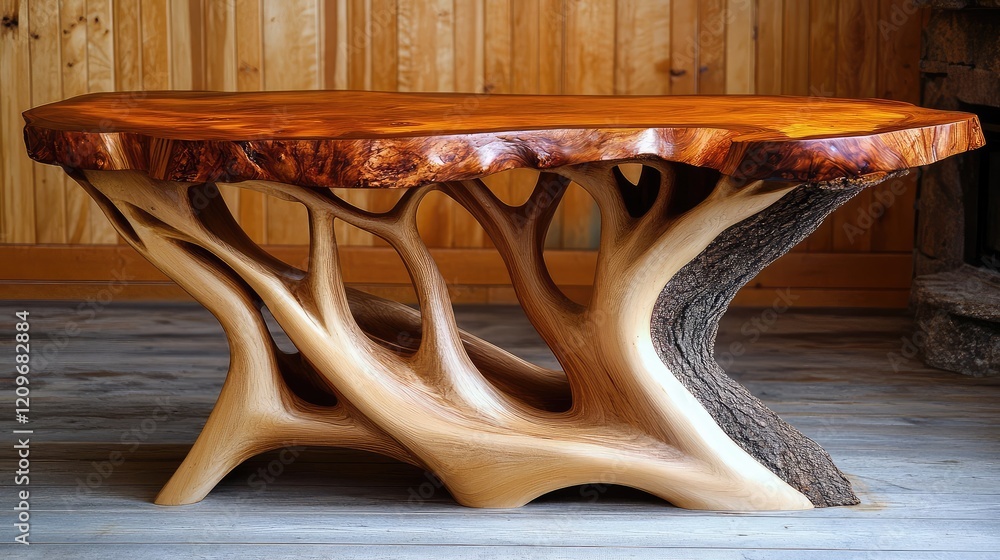 Poster Artisan Woodworking Craftsmanship Displaying Exquisite Tree Table Design in Warm Tones Against Rustic Wooden Background