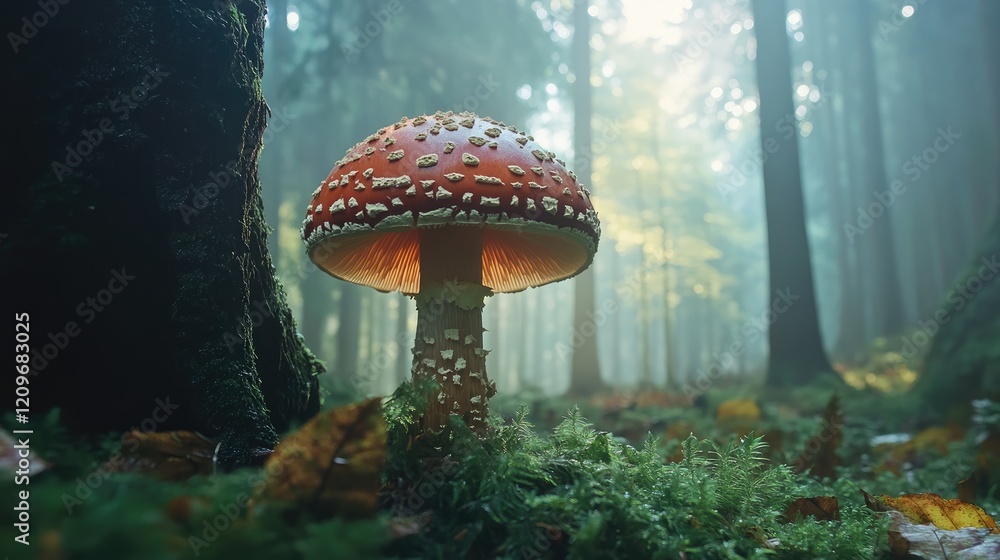 Aufkleber Bitter bolete mushroom in a serene forest setting with sunlight filtering through trees and lush greenery on the forest floor