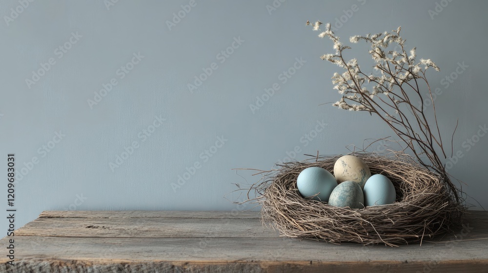 Poster Sisal nest with decorative painted eggs on rustic wooden table with space for spring themed text and product display.