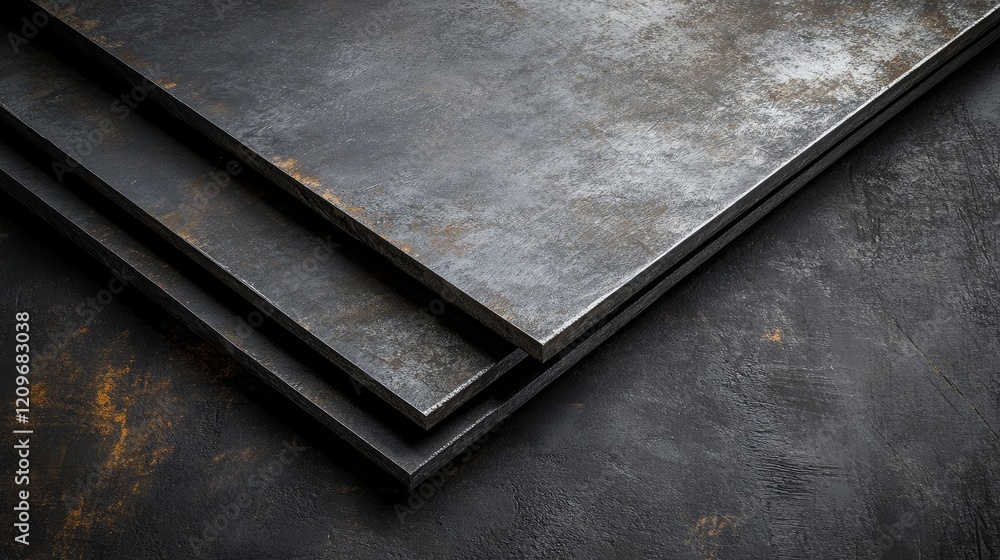Poster rustic steel plates with an industrial finish showcasing texture and shadows in a dark setting perfe