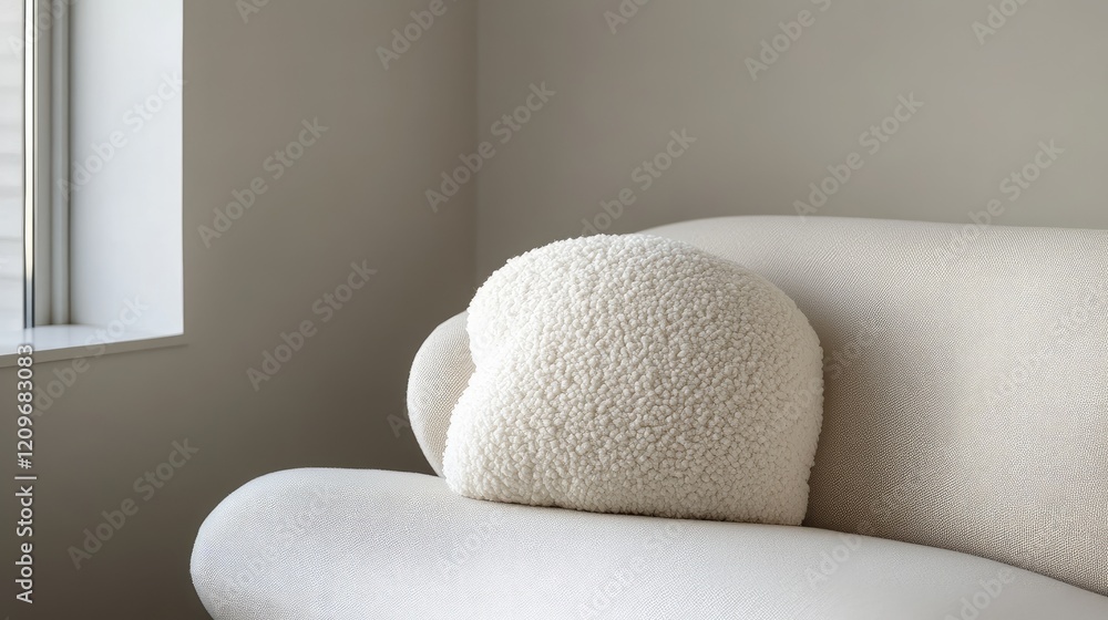 Aufkleber cozy white textured pillow resting on sleek sofa in minimalist modern living room setting with soft 