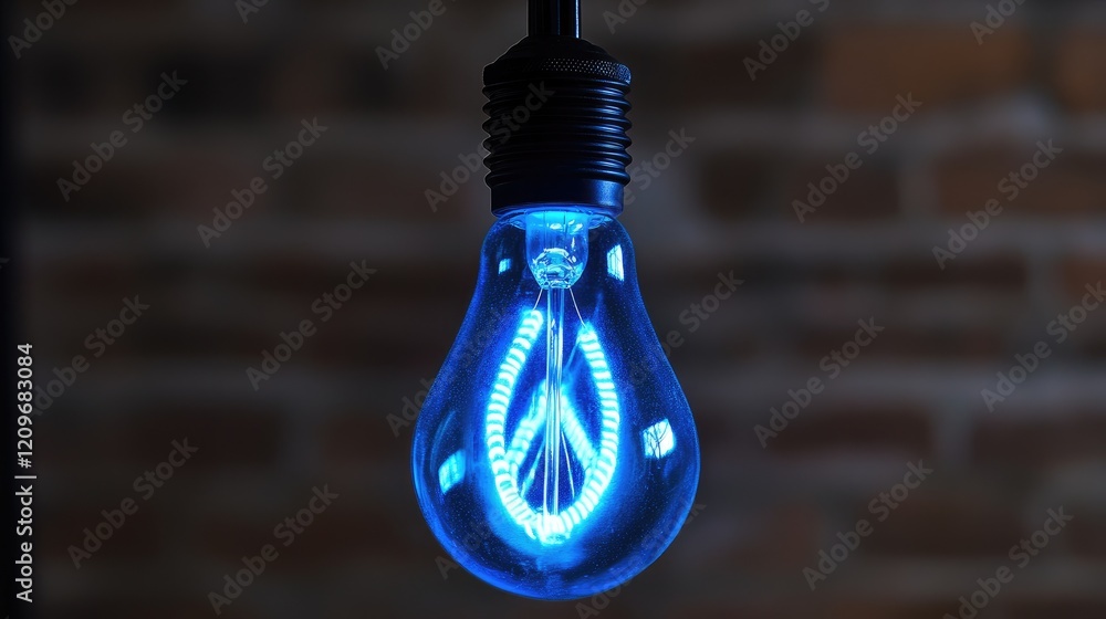 Poster blue glowing light bulb with swirly filament and thick black wires illuminating against a rustic bri