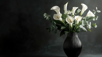 Vertical composition of dark vase with white calla lilies and eucalyptus against a muted backdrop, highlighting contrast and texture of elements.