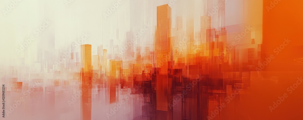 Poster abstract orange cityscape with geometric shapes and soft gradients, creating a futuristic feel with 