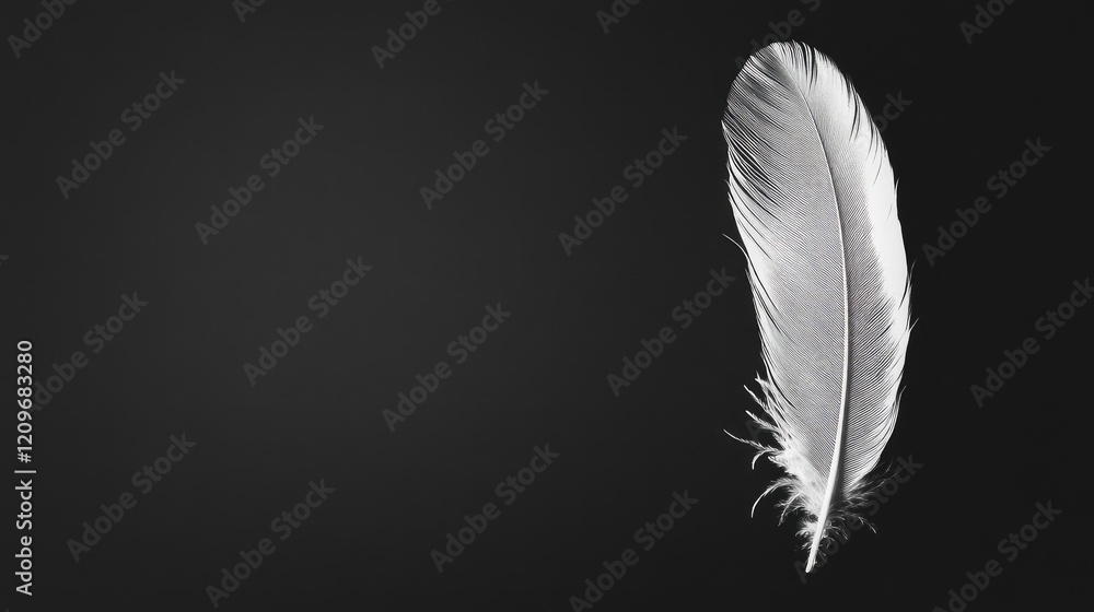 Poster Close up of a single elegant white feather on a dark background showcasing delicate textures and fine details for artistic compositions.