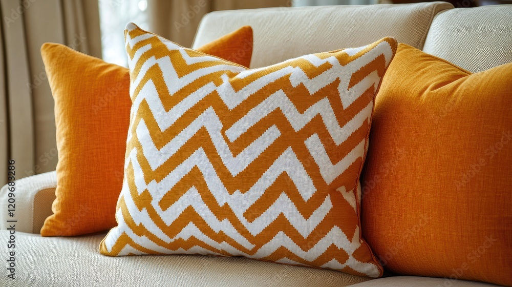 Poster cozy sofa adorned with vibrant patterned pillows in a stylish living room setting close up.