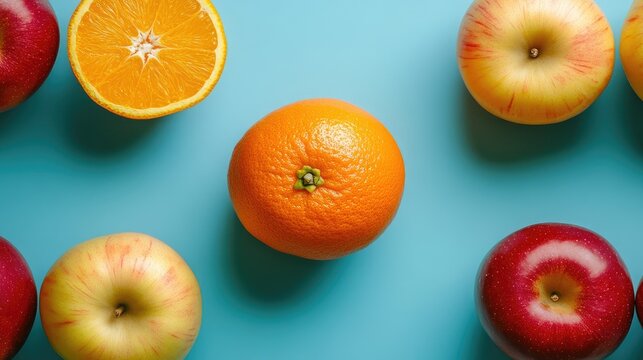 Unique Orange Surrounded by Red and Green Apples on Blue Surface with Measuring Tape Emphasizing Healthy Eating and Diet Choices