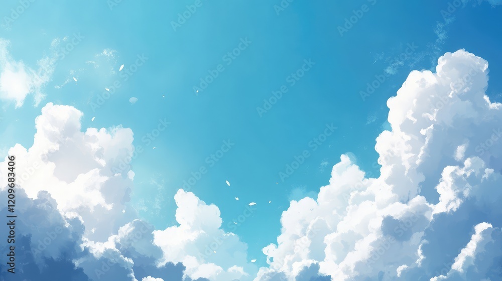 Poster aerial view of fluffy white clouds against a bright blue sky with soft sunlight illuminating the sce