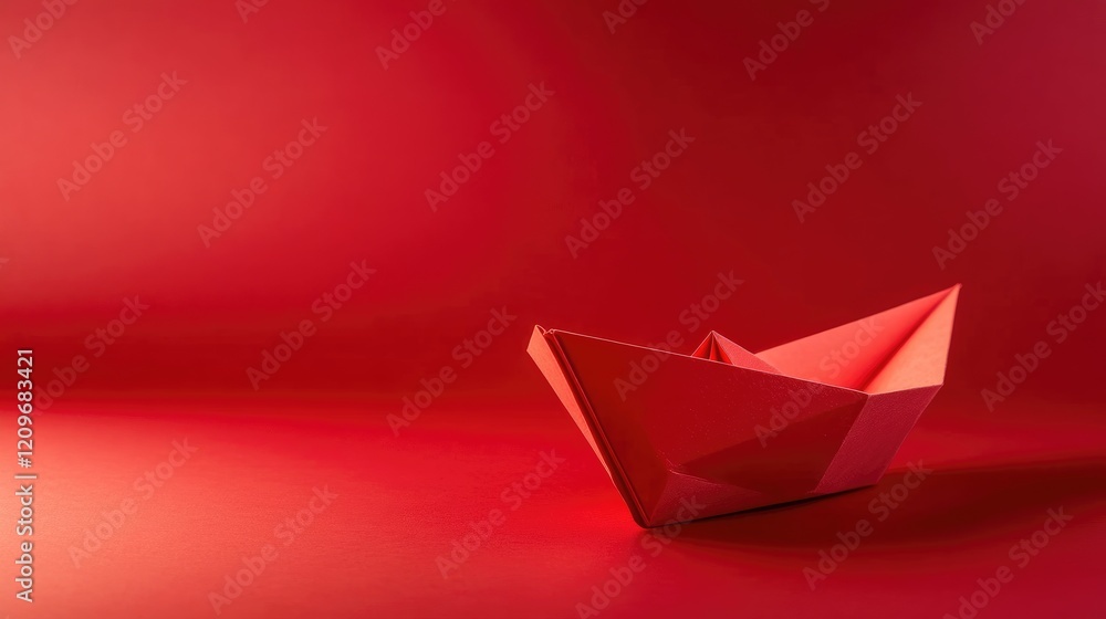 Aufkleber Red paper boat on vibrant red surface showcasing minimalist design elements and ample negative space for creative text placement