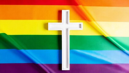 Fototapeta premium White cross as Christianity symbol on a rainbow flag. Religion, Christian faith and LGBTQ acceptance concept.