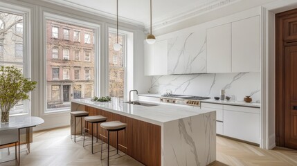Spacious snow-white kitchen with warm wood accents, natural light, and subtle metallic decor in an urban apartment