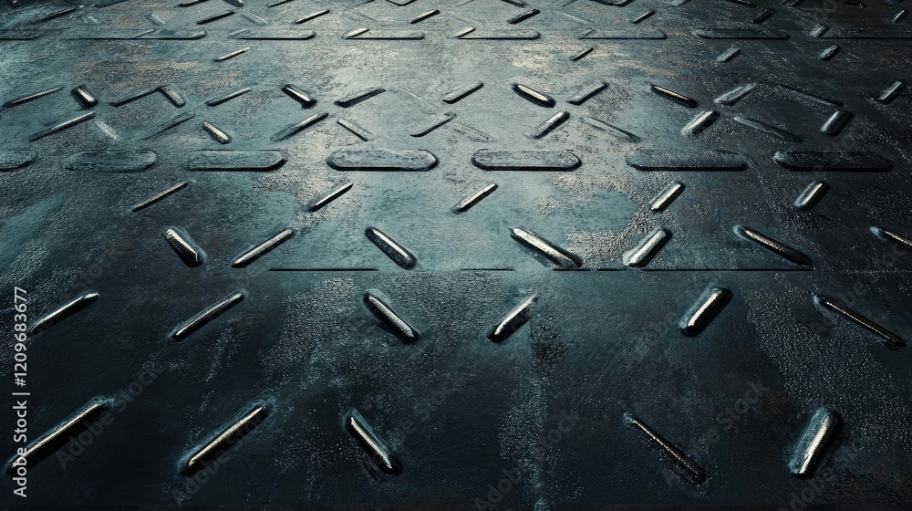 Poster dark metallic steel floor surface with textured patterns for industrial design and background applic