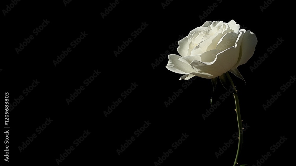 Poster Elegant white rose on a long stem against a black background with space for text and design elements.