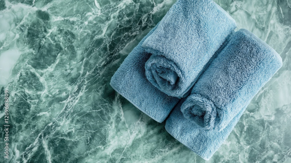 Poster soft light blue towels neatly rolled on green marble surface creating a tranquil bathroom atmosphere