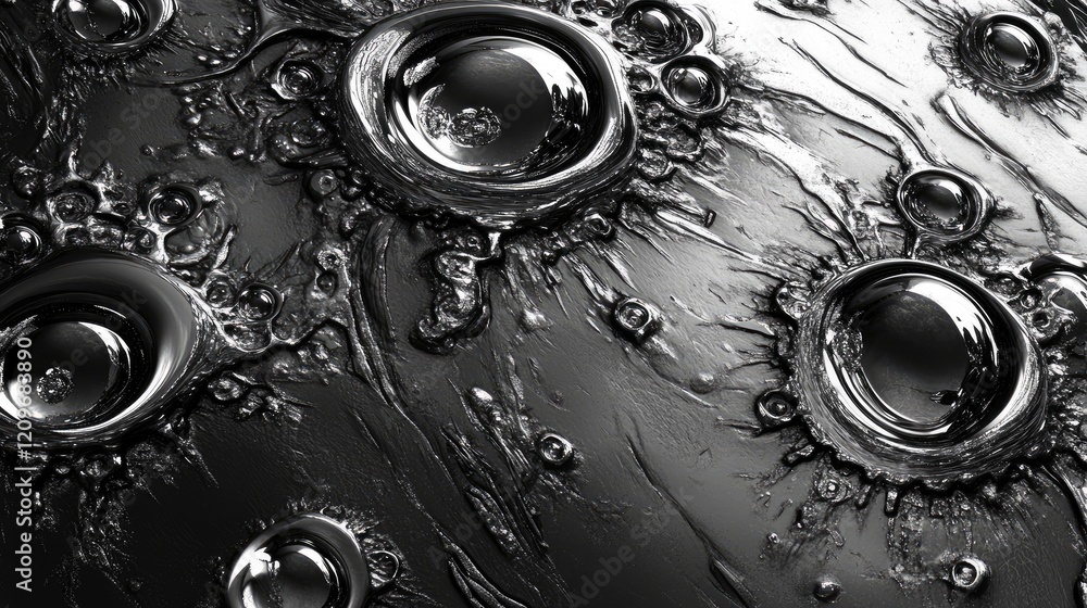 Poster metallic surface with drops of water creating a textured pattern reflecting light and depth in a mon