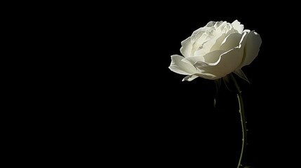Elegant white rose on a long stem against a black background with space for text and design elements.