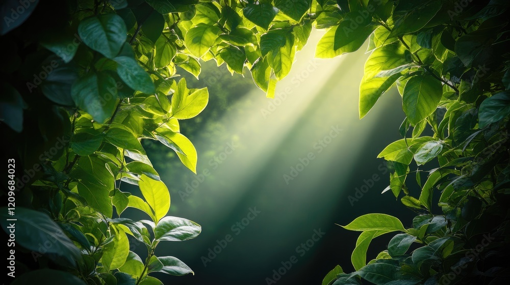 Poster ray of sunlight piercing through lush green leaves creating a serene natural ambiance in a forest se