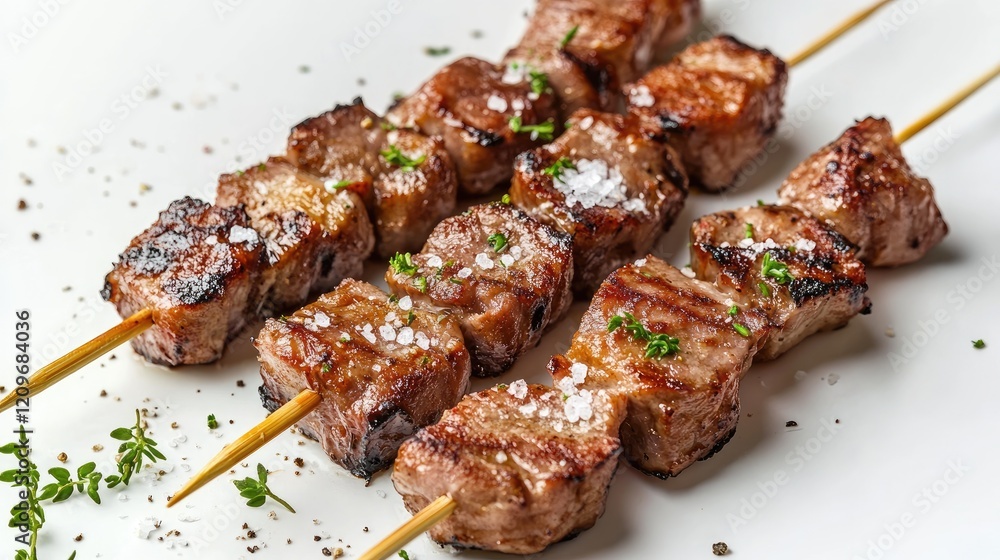 Aufkleber grilled barbecue skewers with seasoned meat pieces close up shot on a white background highlighting 