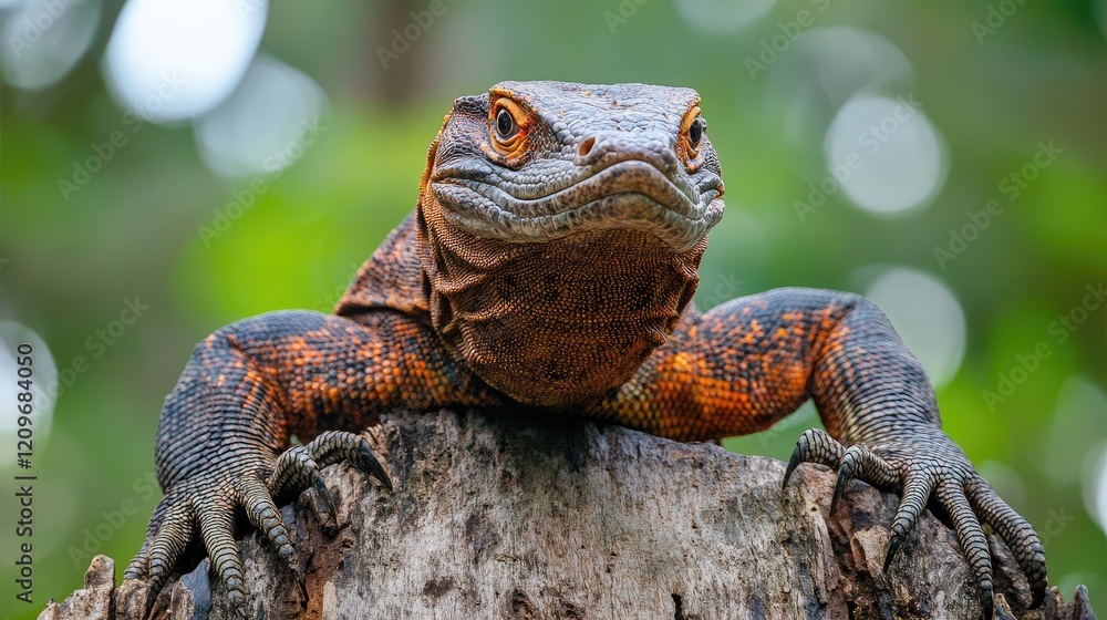 Poster Close up of a red brown giant cat monitor lizard on a tree trunk displaying aggression with blurred natural background endangered species