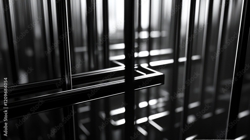 Poster industrial abstract composition of reflective steel bars intersecting creating dynamic patterns and 