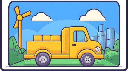 Fototapeta premium Yellow truck driving through green fields and cityscape wind turbine in background vibrant illustration