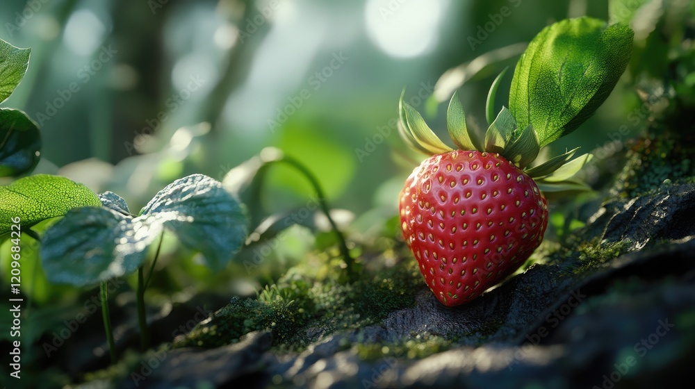 Poster vibrant ripe strawberry nestled in lush greenery with soft natural light and textured soil backgroun