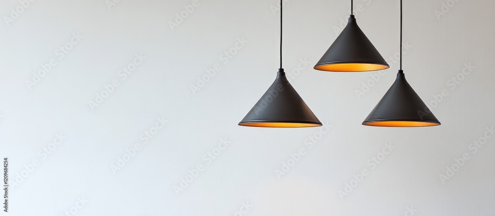 Poster modern pendant light design featuring sleek triangular shades with warm illumination against a minim