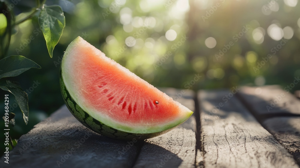 Poster fresh watermelon slice resting on rustic wooden table against a blurred natural background highlight