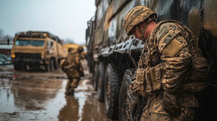 Soldiers resting near military vehicles highlight the challenges of field operations. Muddy conditions add to their resilience and teamwork. Generative AI