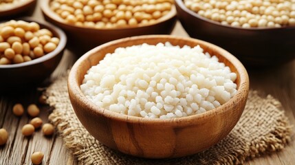 Saturated fatty acids including stearic acid represented by white textured granules in wooden bowl on rustic background