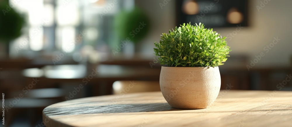 Aufkleber potted plant on rustic wood table in cozy cafe enhancing ambiance with greenery and inviting atmosph