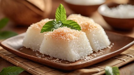 Traditional Sticky Rice Cake with Grated Coconut Topped with Mint Leaves and Palm Sugar Sauce on a Rustic Plate